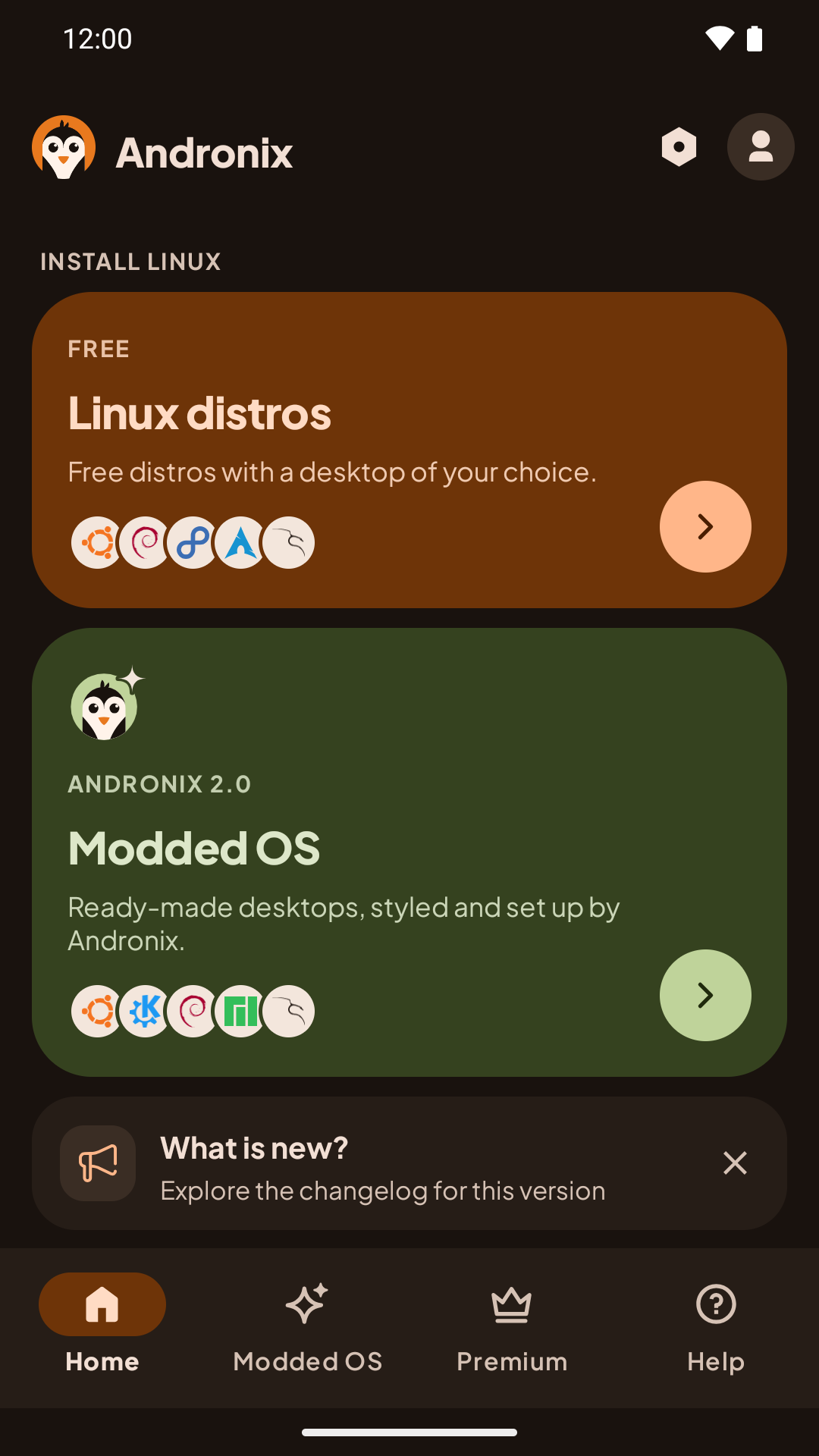 The Andronix app's Home screen, with the Linux Distribution block