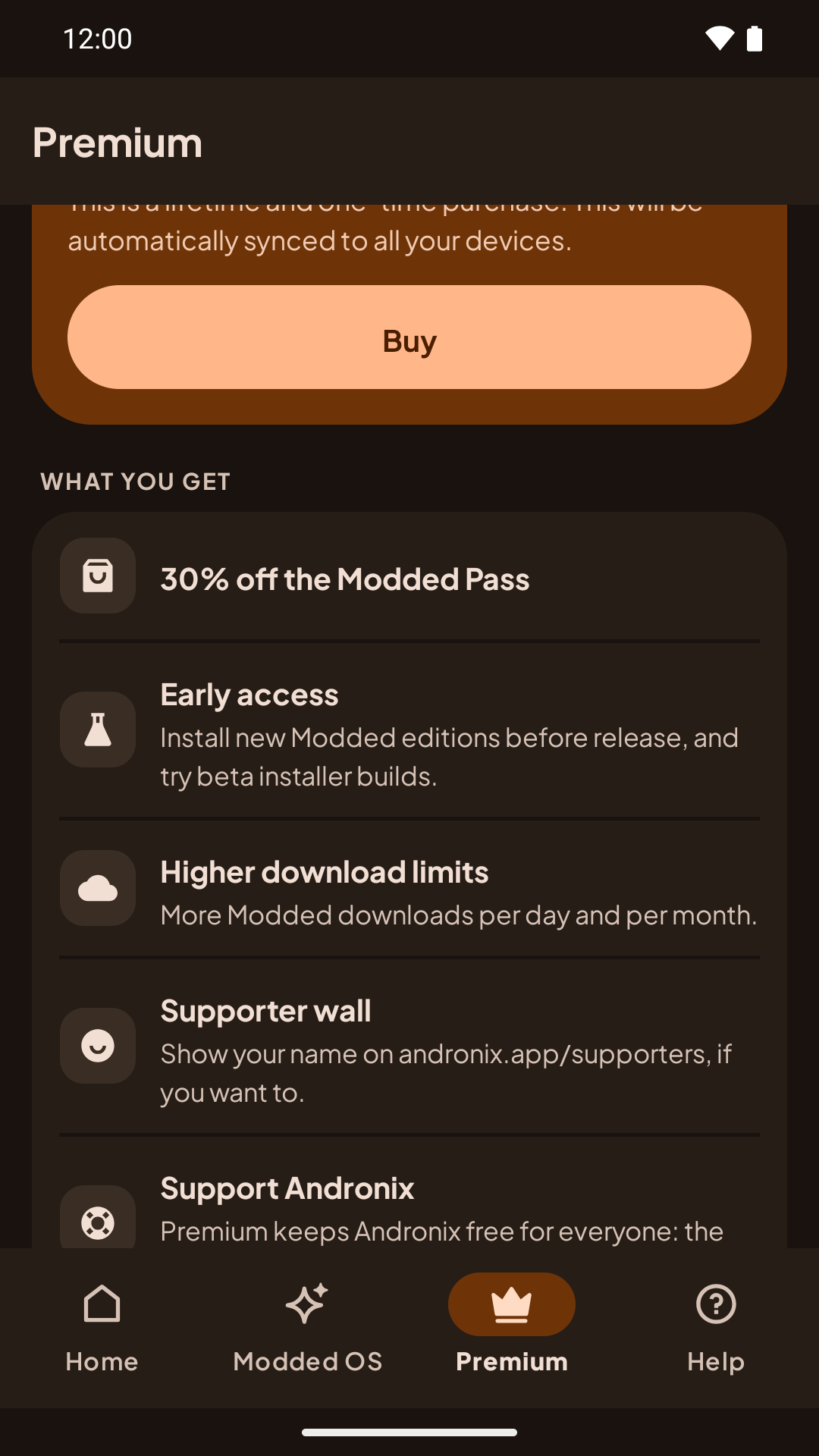 The Premium screen listing what Premium includes