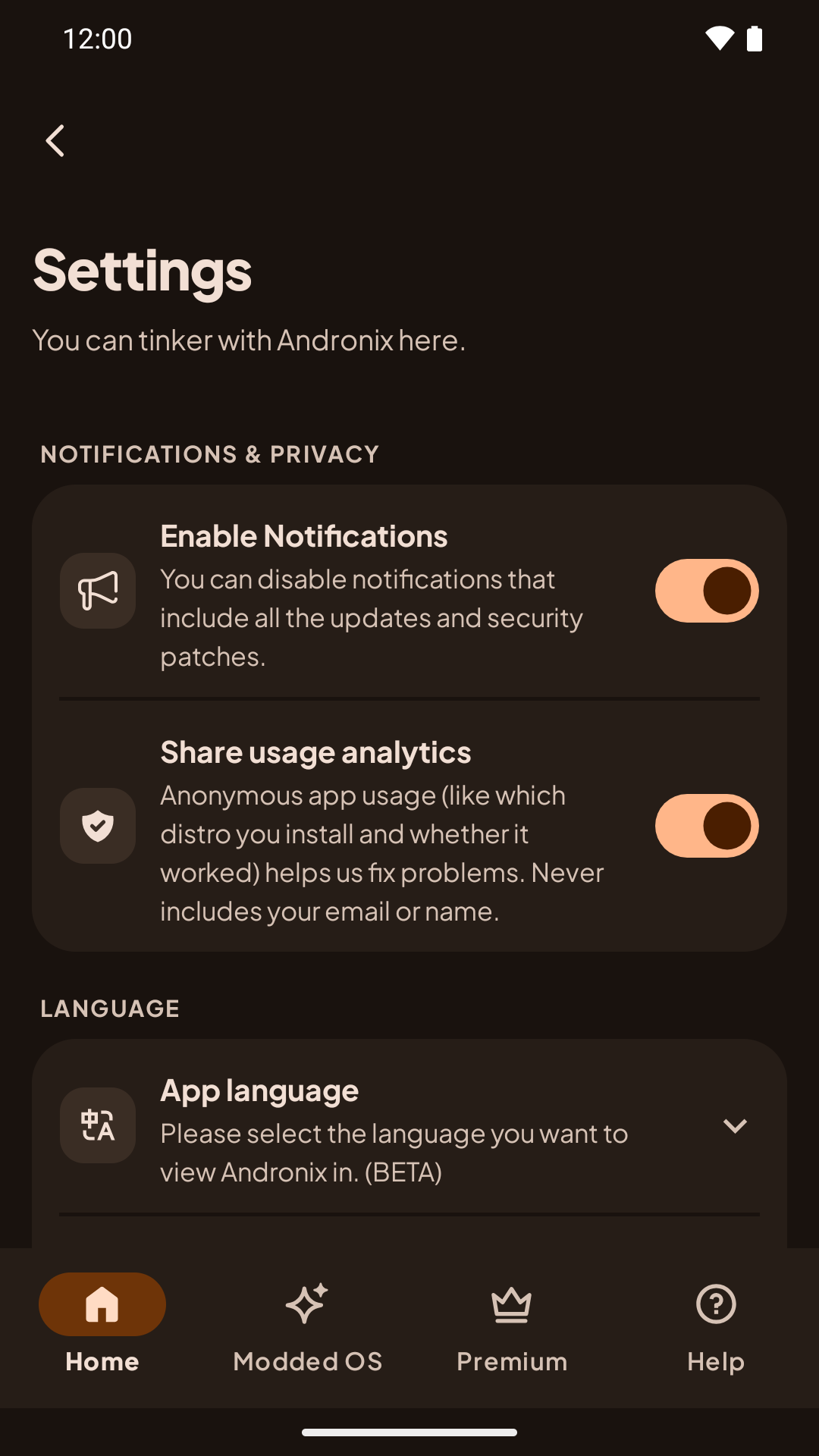 The Share usage analytics switch in Settings