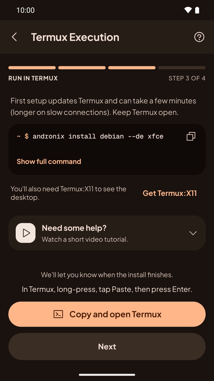 The Termux step in the Andronix app: the install command and the Copy and open Termux button