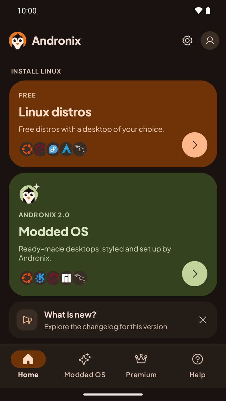 The Andronix app's Home screen, with the Linux distros card