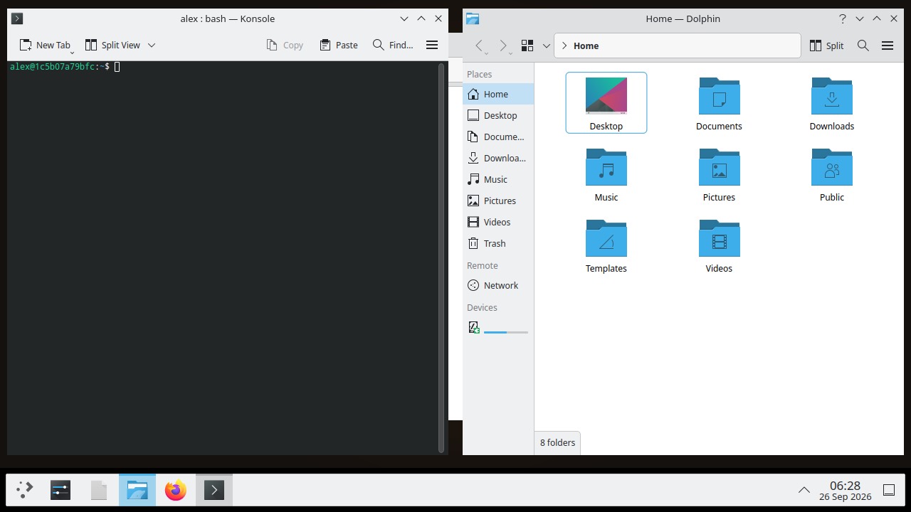 Ubuntu 26.04 with KDE Plasma running Konsole and the Dolphin file manager