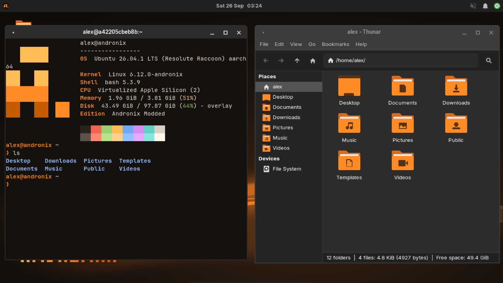 Ubuntu 26.04 Modded OS desktop with a terminal showing system info and the Thunar file manager